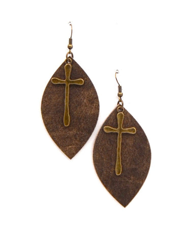 ERZ180905-26 Leaf Shape Leather Earring with Cross Charm