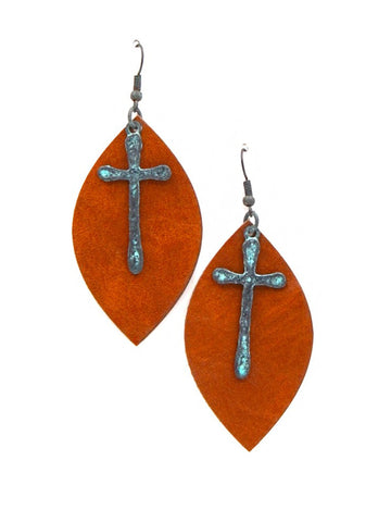 ERZ180905-28 Leaf Shape Leather Earring with Cross Charm