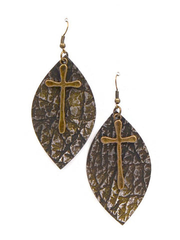 ERZ180905-29 Leaf Shape Leather Texture Earring with Cross Charm