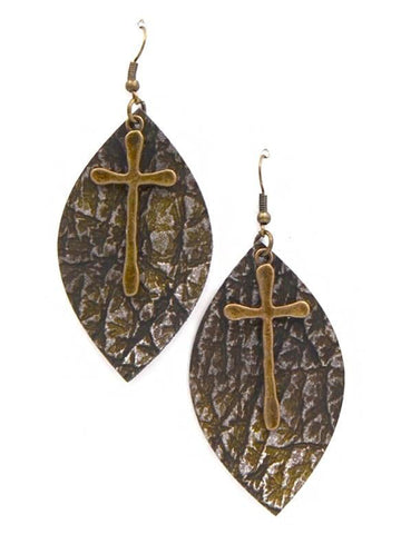 ERZ180905-31 Leaf Shape Leather Texture Earring with Cross Charm