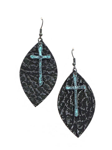 ERZ180905-32 Leaf Shape Leather Texture Earring with Cross Charm