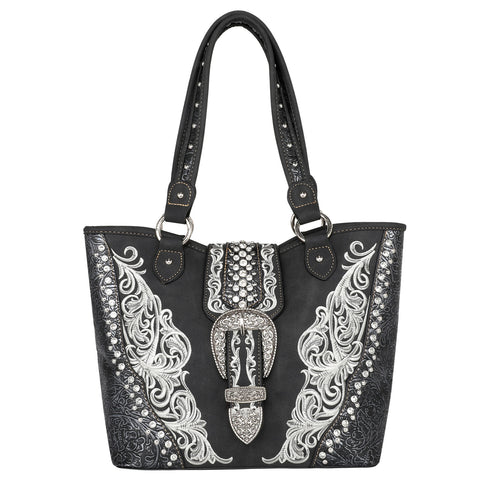 MW1079G-8317W   Montana West Buckle Collection Concealed Carry Tote Wallet Set - Black