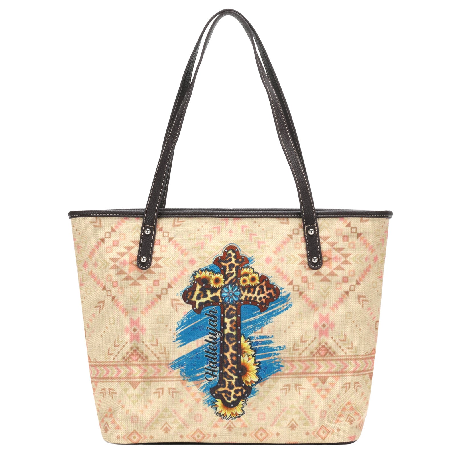 Leather-trimmed embroidered canvas tote