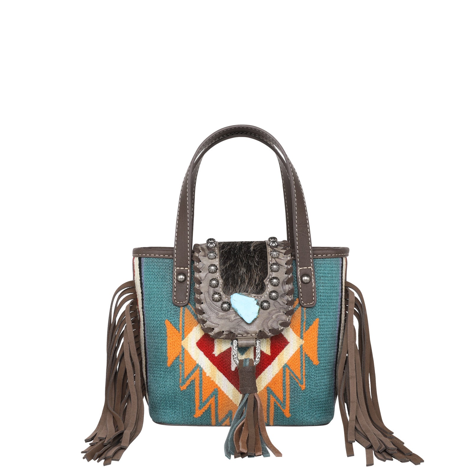 Fringe cross body western purse- with cowhide and real turquoise