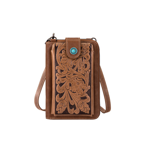 MW629BR Montana West Western Tooled Phone Case Crossbody Wallet -Brown