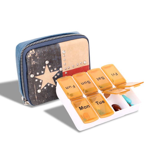 MW934-193 Montana West Western Design  Pill Box Travel Organizer/ Zippered Case Texas Flag print