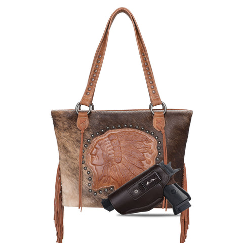 MWT118-H8317 Trinity Ranch Hair-On Cowhide Indian Chief Collection Concealed Carry Tote