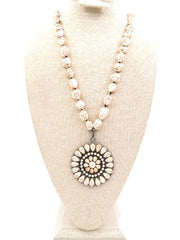 NKS190203-01 WHT-TURQ/SLVR White turquoise bead knotted necklace with flower shaped pendent