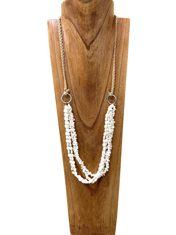 NKS200616-01WHT 36"L 4-Strips White Turq Beads Necklace with Suede Chain