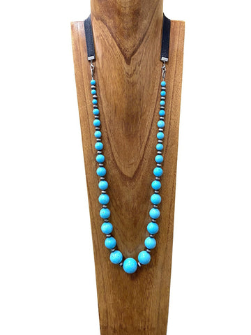 NKS200616-05 38"L Generated Blue Turq and Navajo Pearl Beads Necklace with Leather Chain