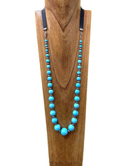 NKS200616-05 38"L Generated Blue Turq and Navajo Pearl Beads Necklace with Leather Chain