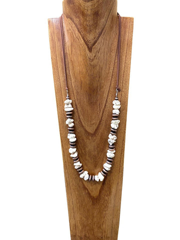 NKS200616-08 36"L White Turq Nuggets and Navajo Pearl Beads Necklace with Suede Chain