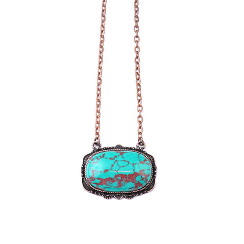 NKY220530-06  Western Oval Stone Pendant Copper Necklace 18"