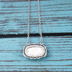 NKY220530-06  Western Oval Stone Pendant Silver Necklace 18"
