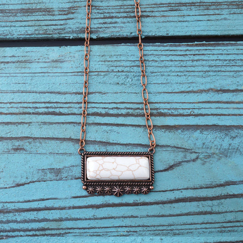 Necklace NKY220530-07  Western Rectangle Stone Pendant Copper Necklace 24"