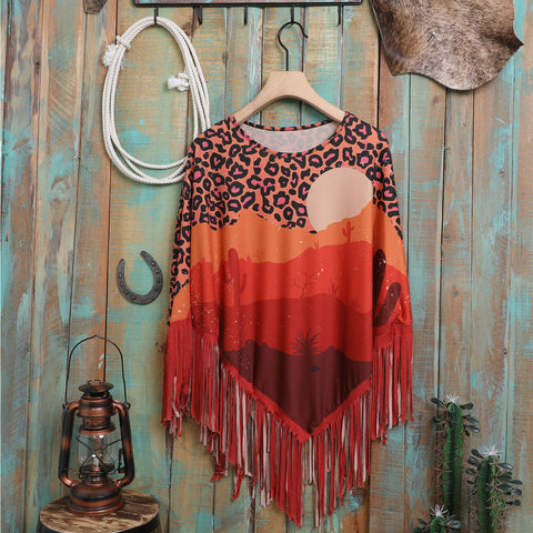 PCH-1727 Montana West Orange Desert Sunset Print Fringe Poncho