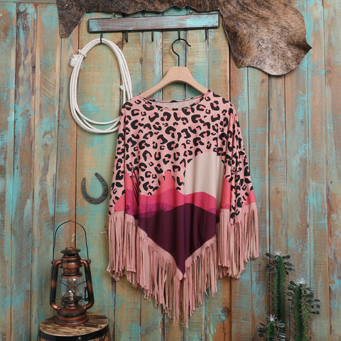 PCH-1731 Montana West Pink Desert Sunset Print Fringe Poncho