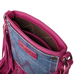 WG44-8360 Wrangler Leather Fringe Jean Denim Pocket Crossbody - Hot Pink