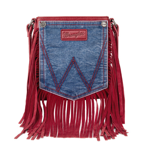 WG44-8360 Wrangler Leather Fringe Jean Denim Pocket Crossbody - Red