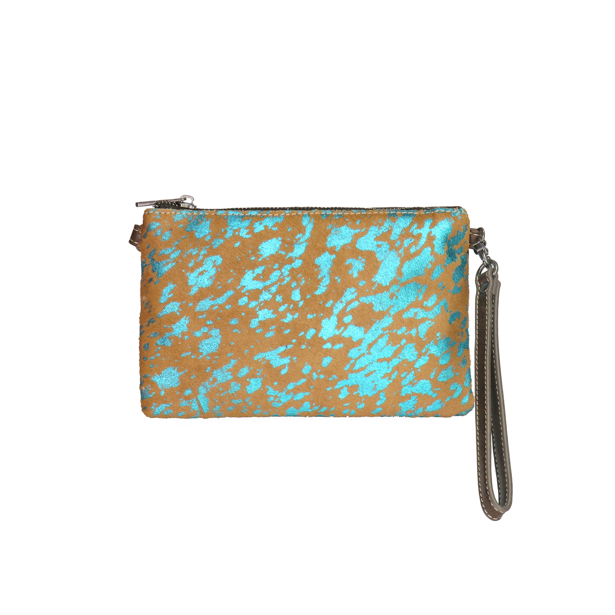 Brown & Metallic Teal Cowhide Wrislet Clutch/Crossbody Handbag