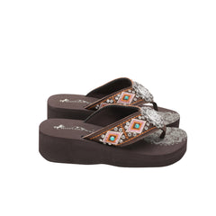 SE107-S001  Mandala Silver Floral Rhinestones Concho Embroidered Wedge Western Flip-Flop By Case