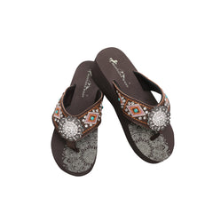 SE107-S001  Mandala Silver Floral Rhinestones Concho Embroidered Wedge Western Flip-Flop By Case