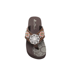 SE107-S001  Mandala Silver Floral Rhinestones Concho Embroidered Wedge Western Flip-Flop By Case