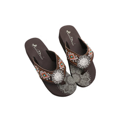 SE107-S001  Mandala Silver Floral Rhinestones Concho Embroidered Wedge Western Flip-Flop By Case