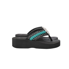 SE109-S001  Mandala Silver Floral Rhinestones Concho Embroidered Wedge Western Flip-Flop By Case