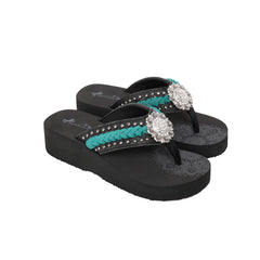 SE109-S001  Mandala Silver Floral Rhinestones Concho Embroidered Wedge Western Flip-Flop By Case