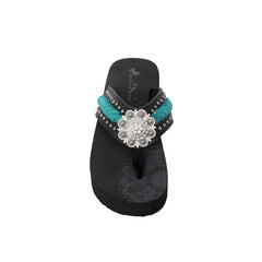 SE109-S001  Mandala Silver Floral Rhinestones Concho Embroidered Wedge Western Flip-Flop By Case