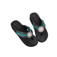 SE109-S001  Mandala Silver Floral Rhinestones Concho Embroidered Wedge Western Flip-Flop By Case