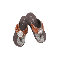 SE109-S001  Mandala Silver Floral Rhinestones Concho Embroidered Wedge Western Flip-Flop By Case