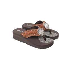 SE109-S001  Mandala Silver Floral Rhinestones Concho Embroidered Wedge Western Flip-Flop By Case