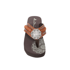 SE109-S001  Mandala Silver Floral Rhinestones Concho Embroidered Wedge Western Flip-Flop By Case