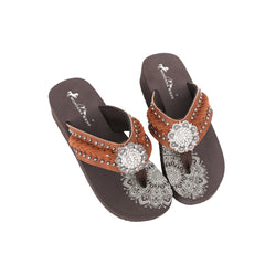 SE109-S001  Mandala Silver Floral Rhinestones Concho Embroidered Wedge Western Flip-Flop By Case