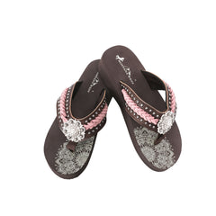 SE109-S001  Mandala Silver Floral Rhinestones Concho Embroidered Wedge Western Flip-Flop By Case