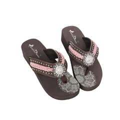 SE109-S001  Mandala Silver Floral Rhinestones Concho Embroidered Wedge Western Flip-Flop By Case