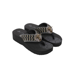 SE125-S191 Mandala Bull Skull Concho Studded Wedge Western Flip-Flop By Case