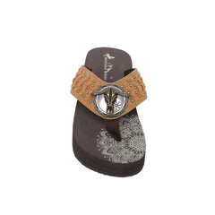SE125-S191 Mandala Bull Skull Concho Studded Wedge Western Flip-Flop By Case
