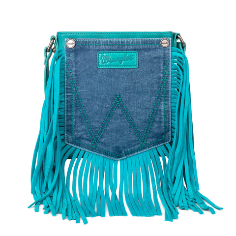 WG44-8360 Wrangler Leather Fringe Jean Denim Pocket Crossbody - Turquoise