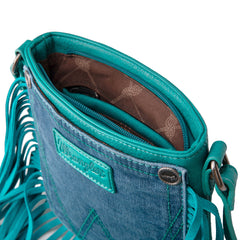 WG44-8360 Wrangler Leather Fringe Jean Denim Pocket Crossbody - Turquoise