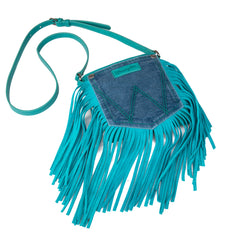 WG44-8360 Wrangler Leather Fringe Jean Denim Pocket Crossbody - Turquoise