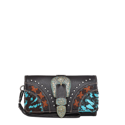 TR134-W018 Trinity Ranch Hair-On Cowhide Buckle Collection Wristlet Wallet