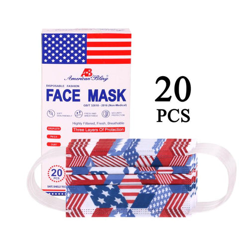 USFM-01RD American Bling 20PCS/Box  American Flag Colors Print Disposable Face Masks 3 Layers Face Masks (Non-Medical)
