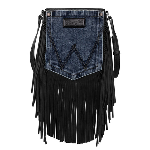 WG44-8360  Wrangler Leather Fringe Jean Denim Pocket Crossbody - Black