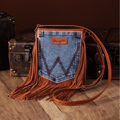 WG44-8360 Wrangler Leather Fringe Jean Denim Pocket Crossbody - Brown