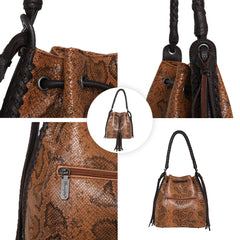 WG26-8275 Wrangler Snake Print Drawstring Hobo  - Brown