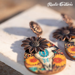 Rustic Couture's Sunflower with Skeleton Ram Head Wooden Dangling Earring - Cowgirl Wear