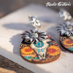 Rustic Couture's Sunflower with Skeleton Ram Head Wooden Dangling Earring - Cowgirl Wear